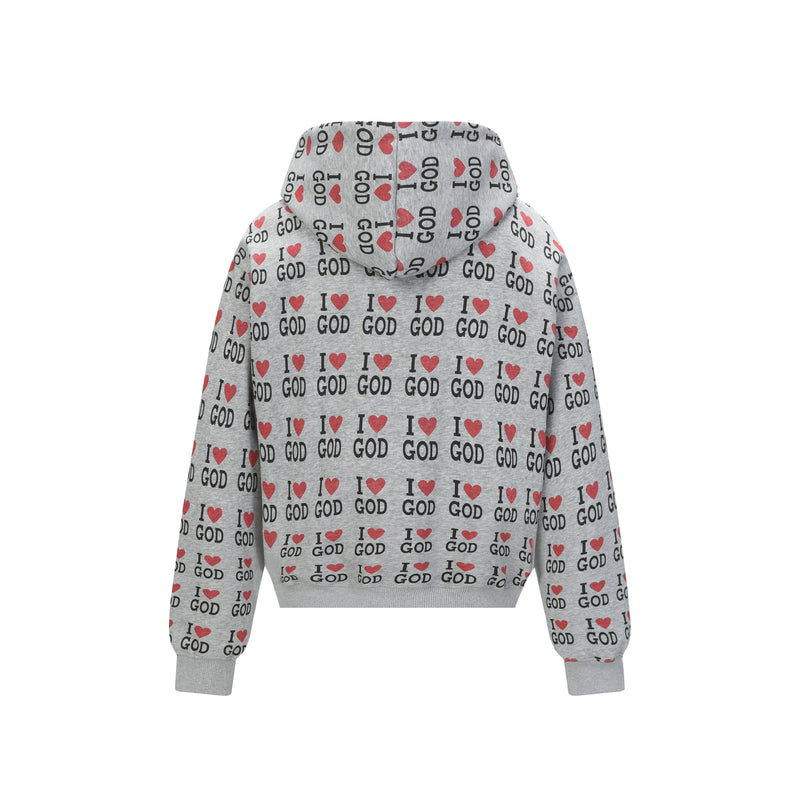 Gray zip hoodie with I Love God pattern, back view