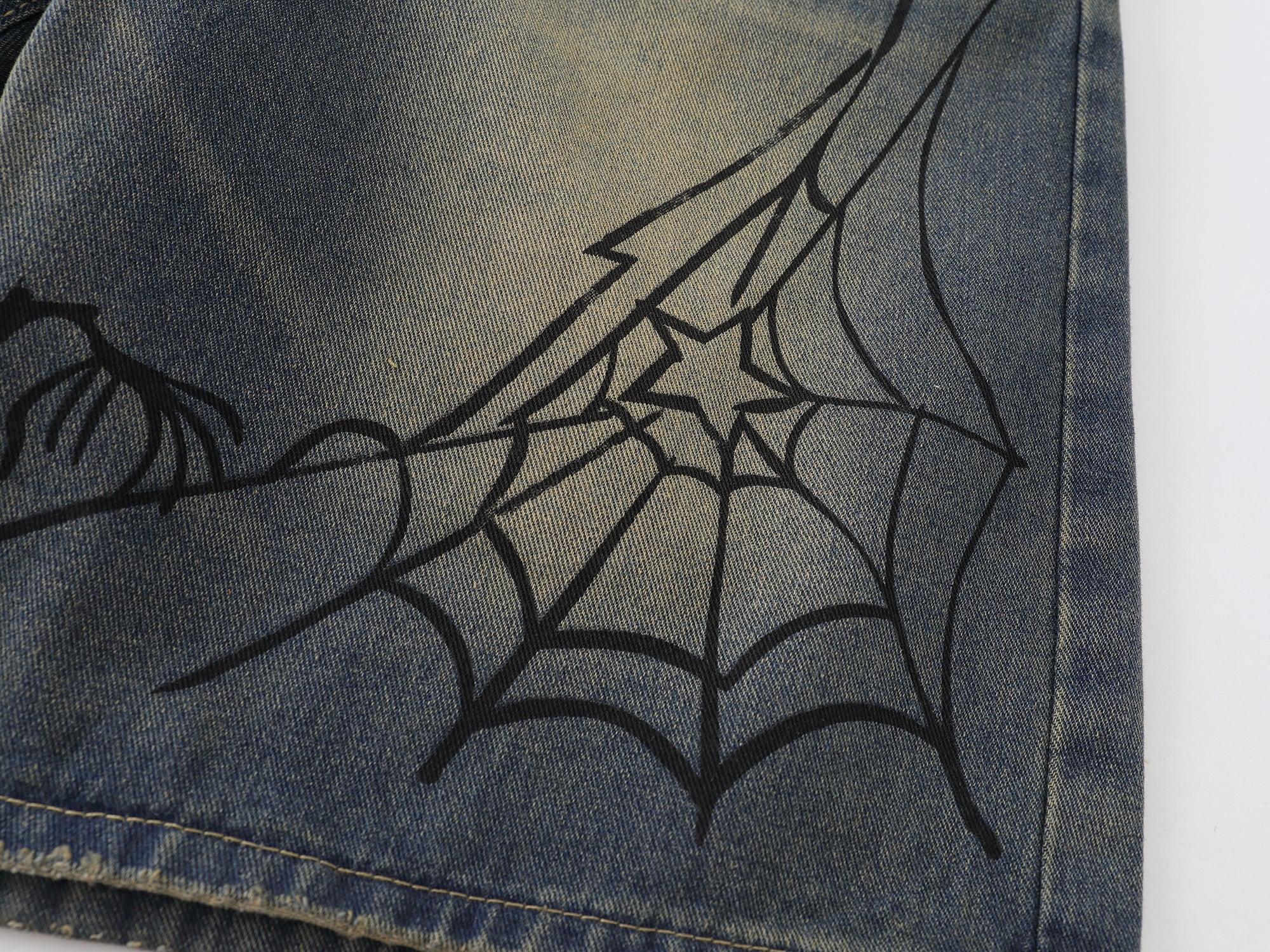 Spider Web Graphic Wide-Leg Denim Shorts | Streetwear