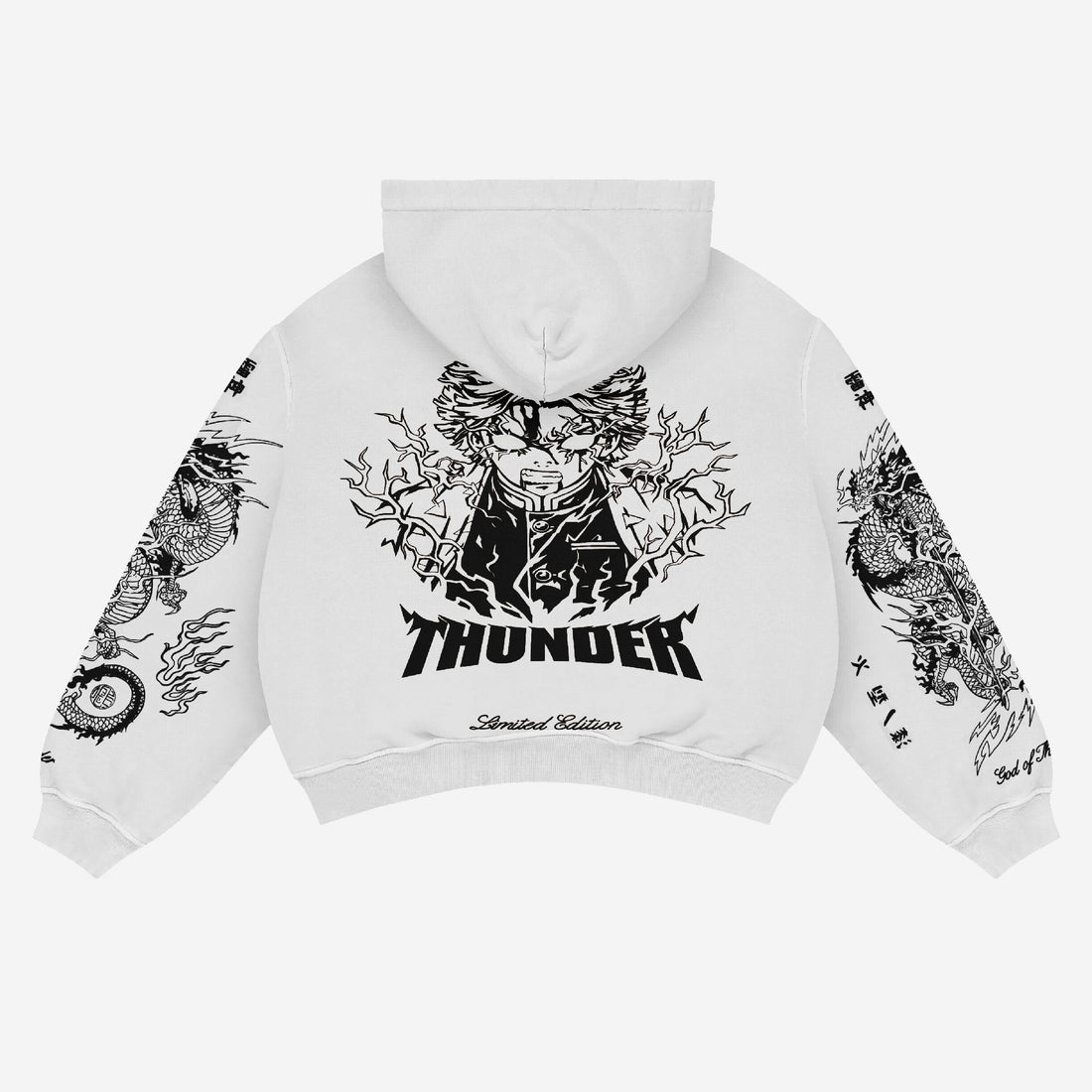 The Zenitsu Agatsuma-Inspired &quot;Thunder God&quot; Hoodie by Demon Slayer is a Limited Edition streetwear piece featuring a black illustration of Zenitsu with lightning and &quot;Thunder&quot; text. Sleeves are adorned with dragon images and additional anime-themed text.