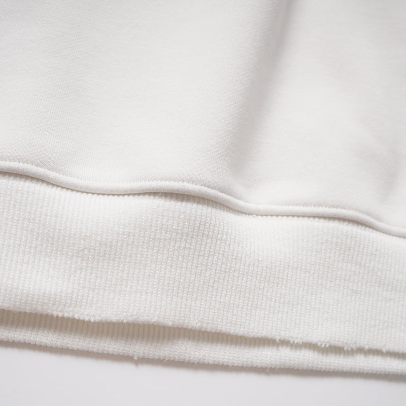 Close-up of white hoodie hem with ribbed waistband stitching