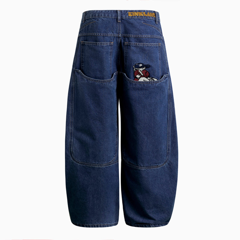 Omirad Embroidered Wide-Leg Cotton Denim Pants | Deep Blue