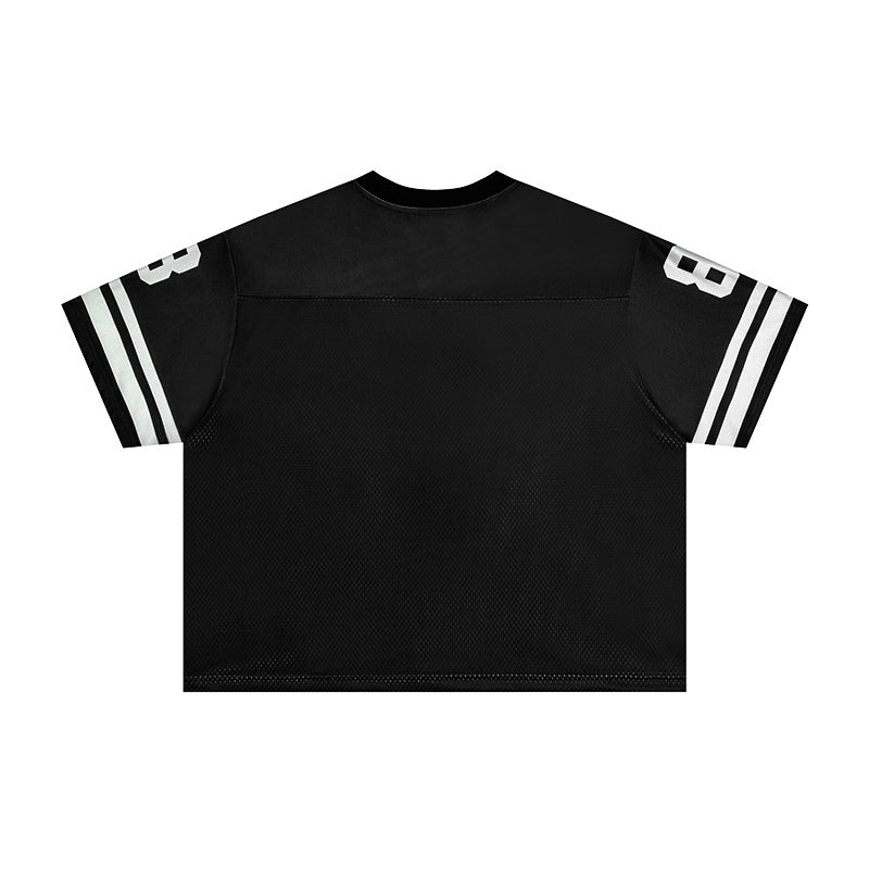 Black Gothic Angel football jersey with mesh body, white striped sleeves, and oversized sport number details