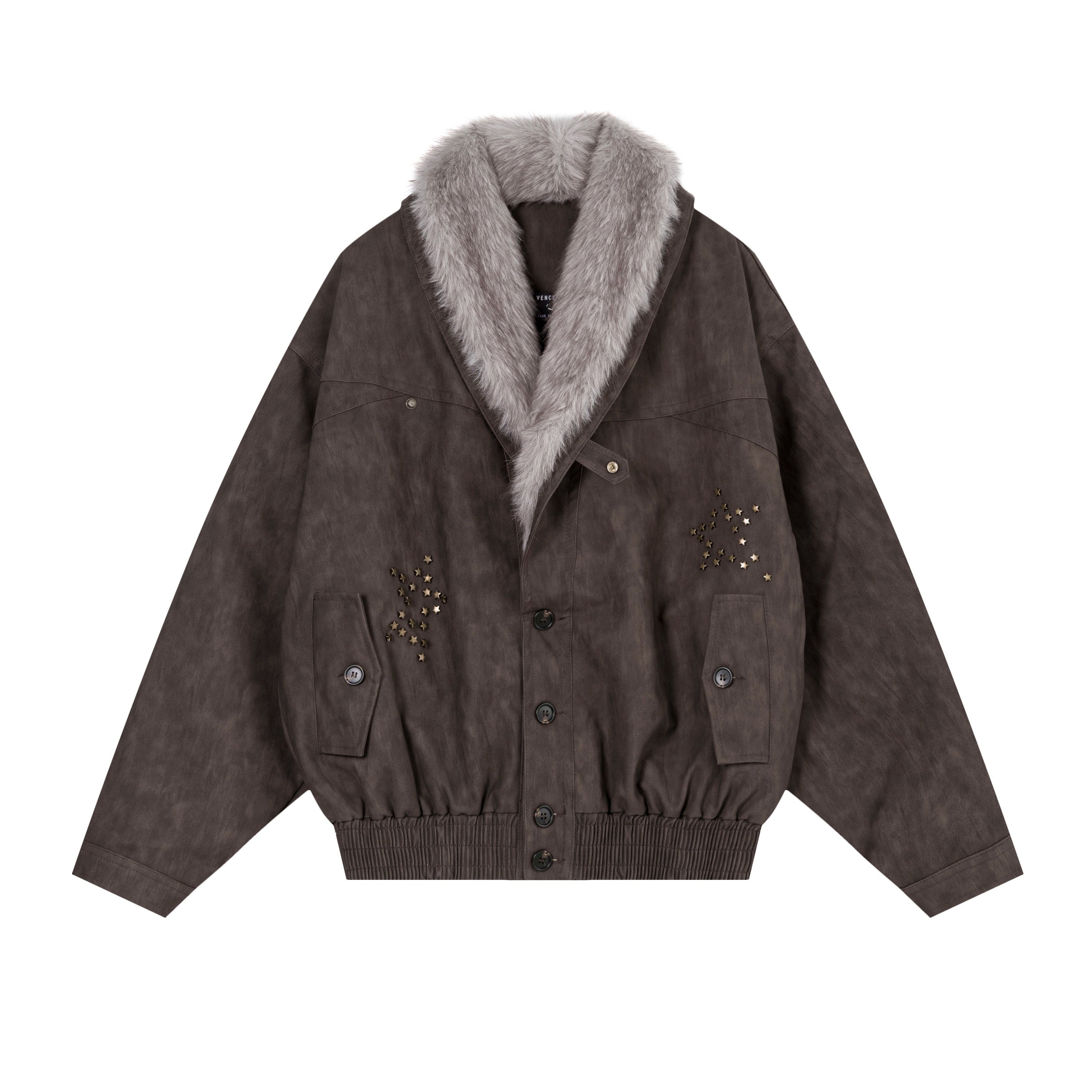 Fur-Collar Studded PU Bomber Jacket | Vintage Streetwear