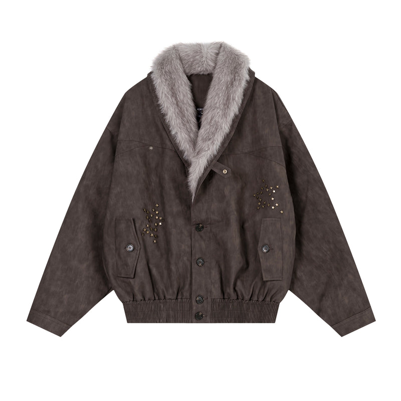 Fur-Collar Studded PU Bomber Jacket | Vintage Streetwear