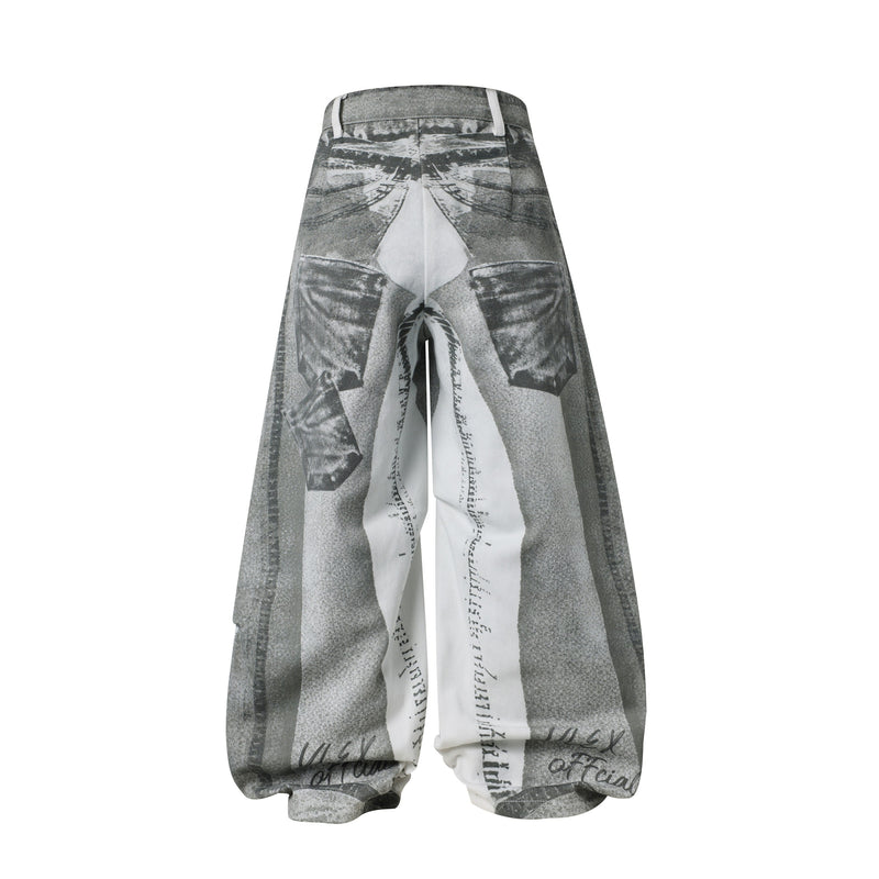 Gray collage-print wide-leg pants, back view