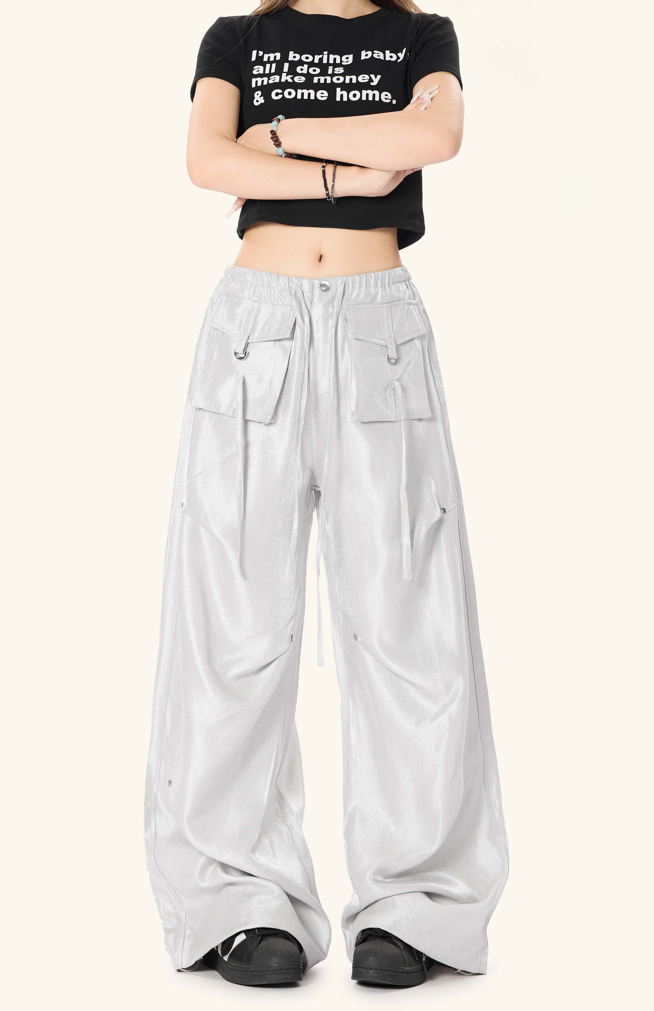 Omirad Glossy Utility Cargo Pants | Wide Leg Barrel Fit