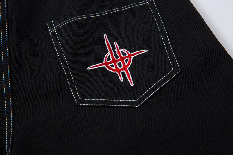 Flame Graphic Wide-Leg Black Denim Jeans | Streetwear