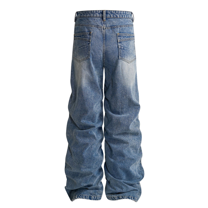 Blue stacked wide leg jeans with faded wash, back view