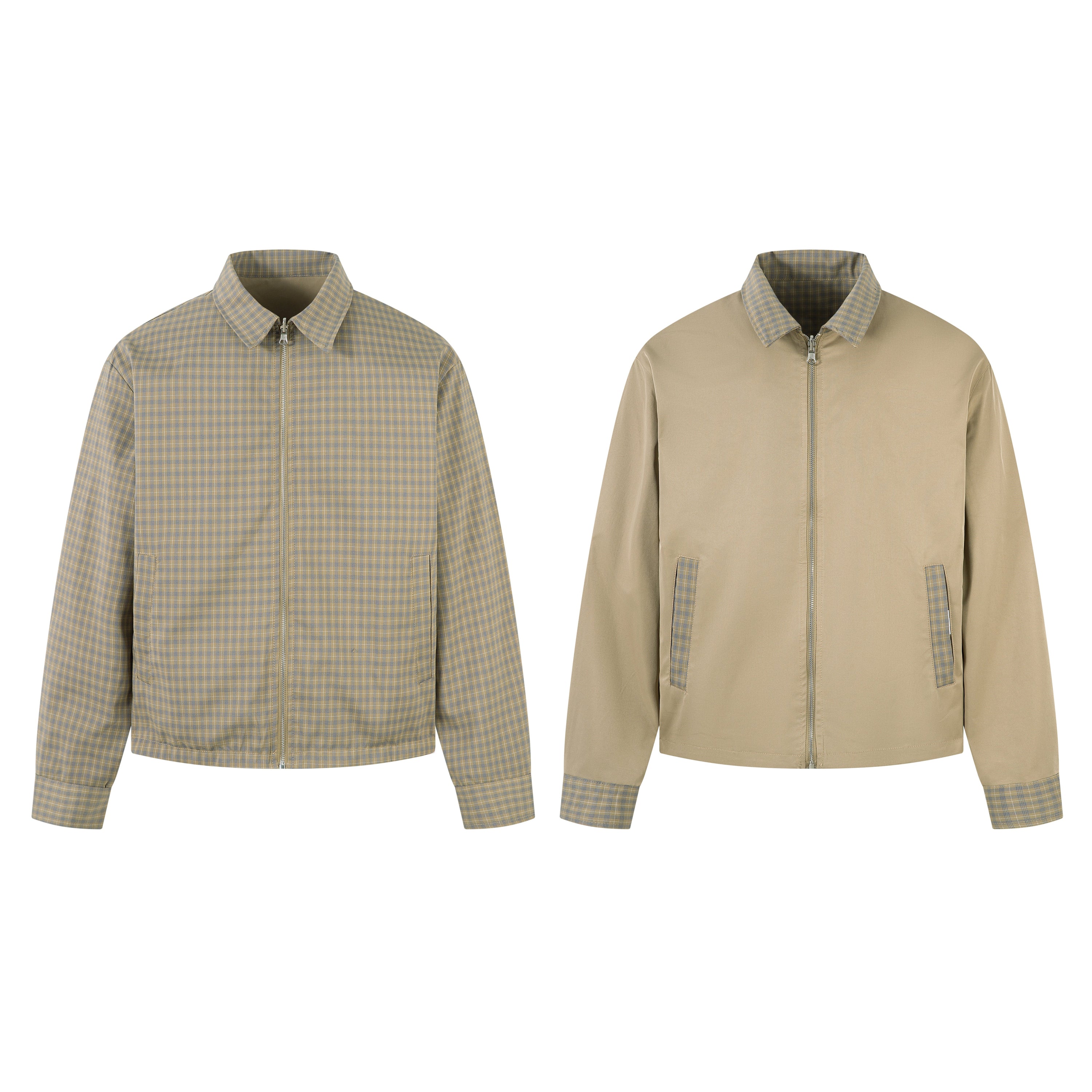 Reversible check panel jacket shown in both check and solid khaki colorways, front zip closure and spread collar