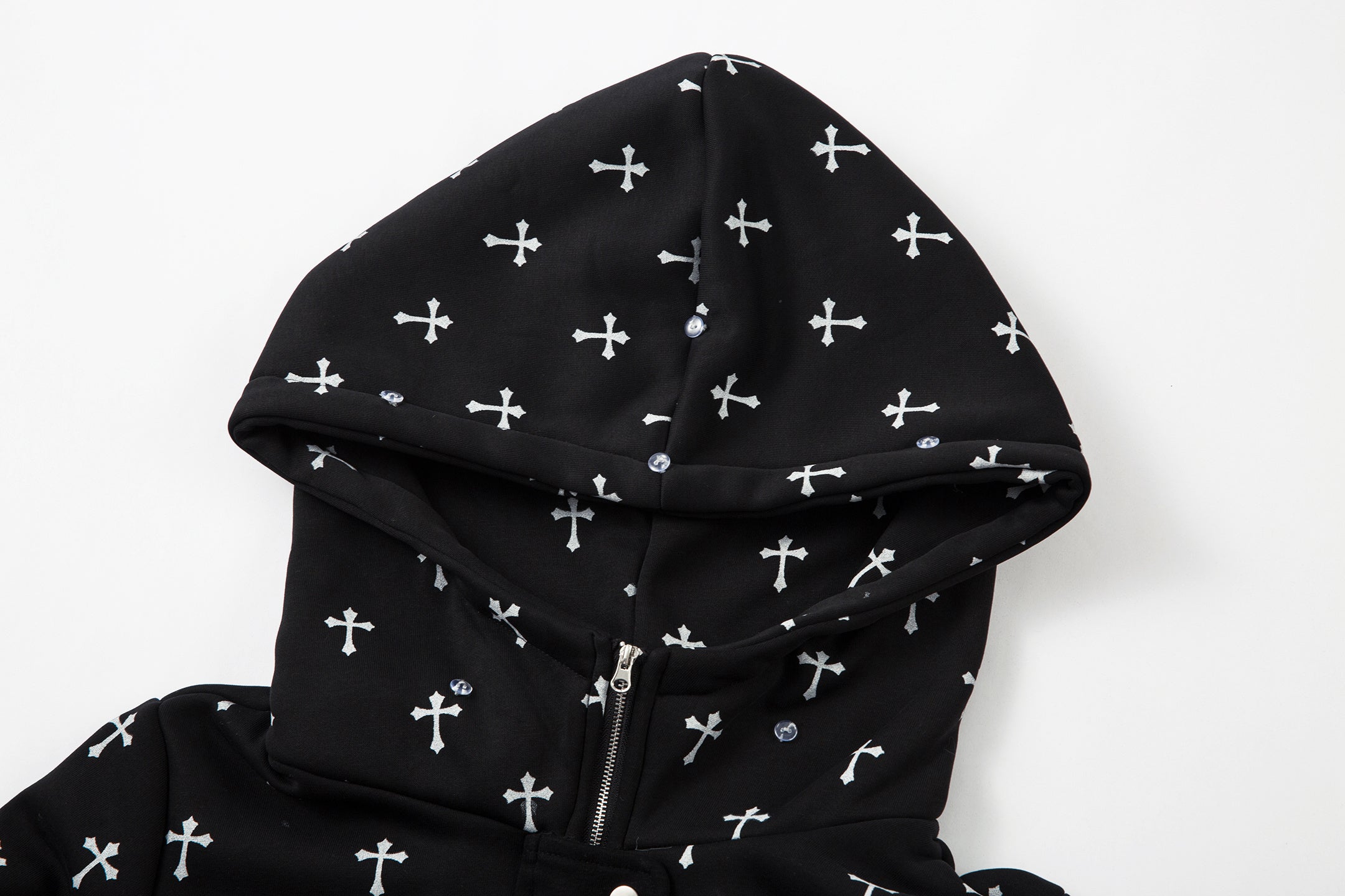 Gothic Cross Print Faux Fur Hooded Bomber Jacket