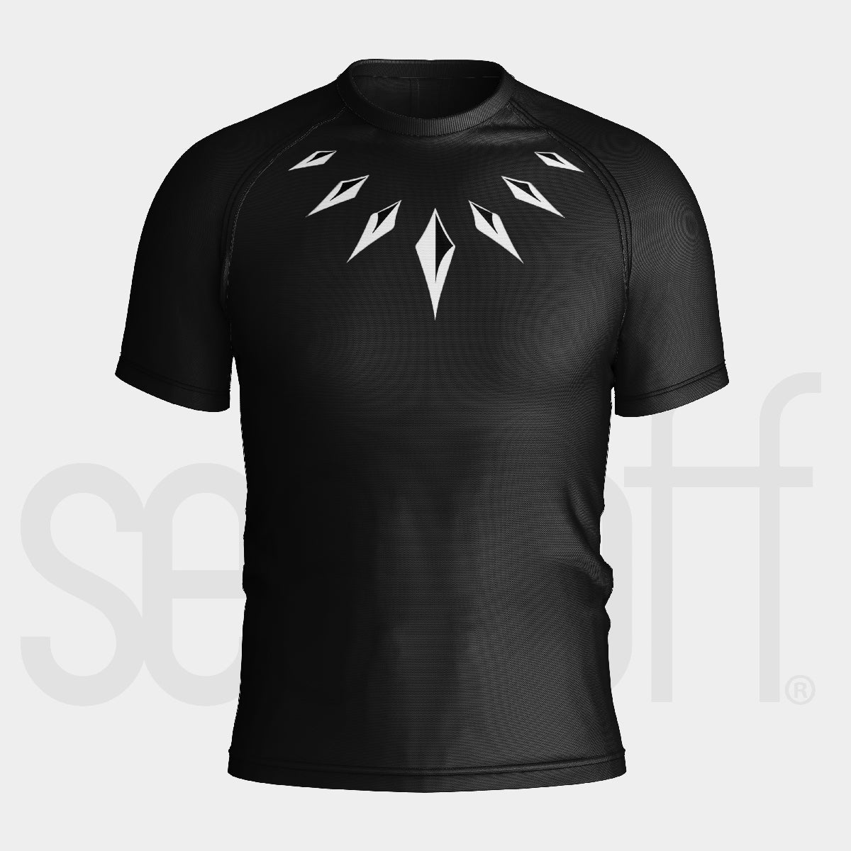 The Seakoff Black Panther-Inspired Compression Gym Shirt is perfect for high-intensity workouts. It features a white diamond-shaped design around the neckline on a light grey background, with &quot;sensefit&quot; subtly displayed, and its moisture-wicking fabric ensures comfort.