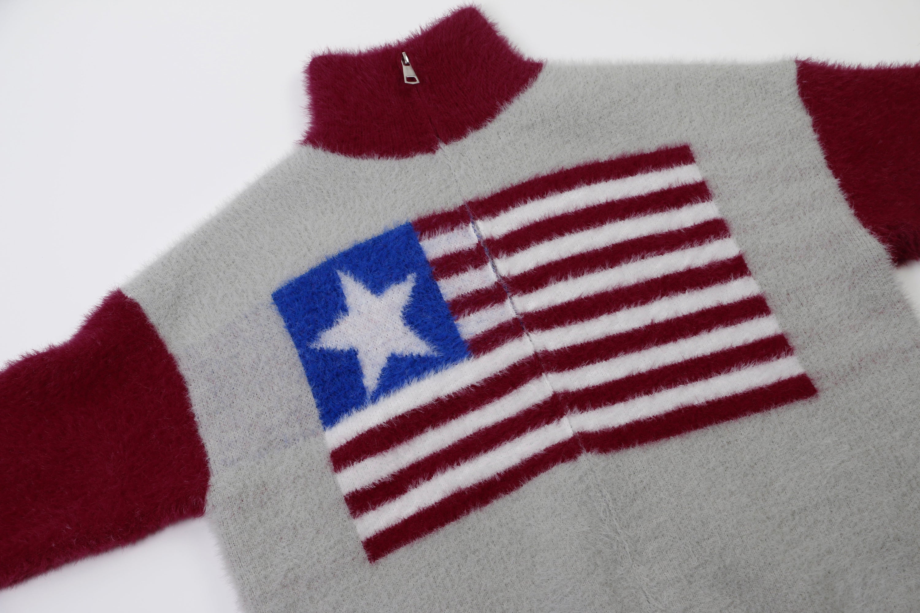 Flag Pattern Fuzzy Half-Zip Sweater | Americana Streetwear