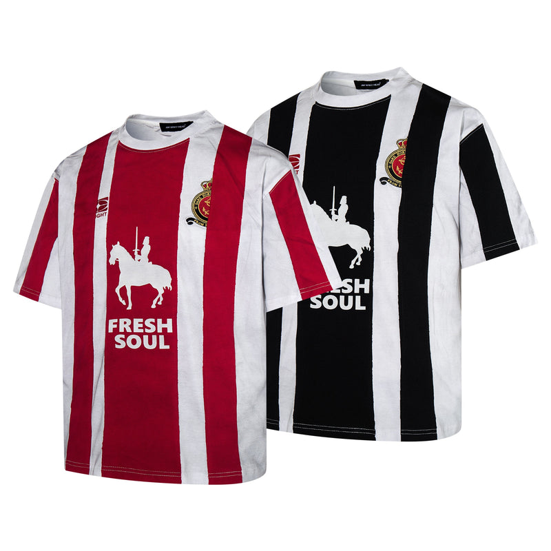 Striped Fresh Soul football jersey tee in red and black with bold white horse graphic and streetwear fit