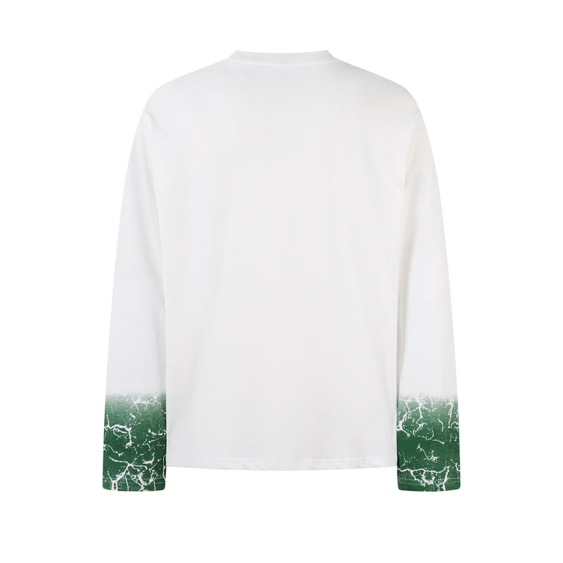 Back view of white long sleeve tee with green gradient sleeve cuffs