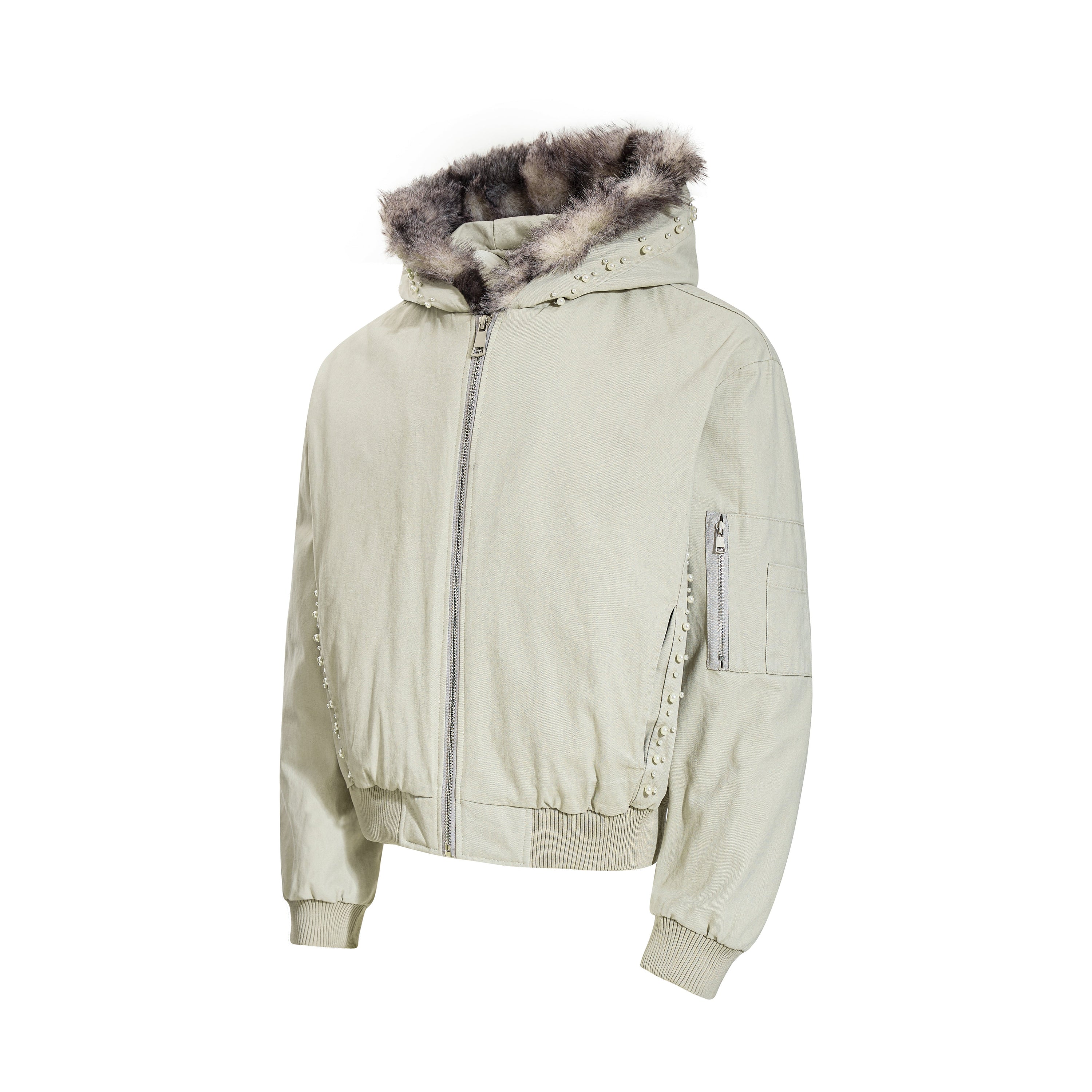 Studded Faux Fur-Trim Hooded Bomber Jacket | Washed Cotton