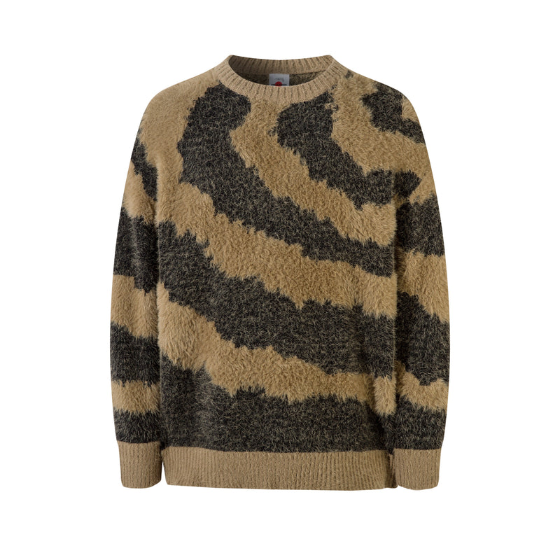 Front view of oversized crew neck sweater with tan and black zebra print and fluffy knit texture
