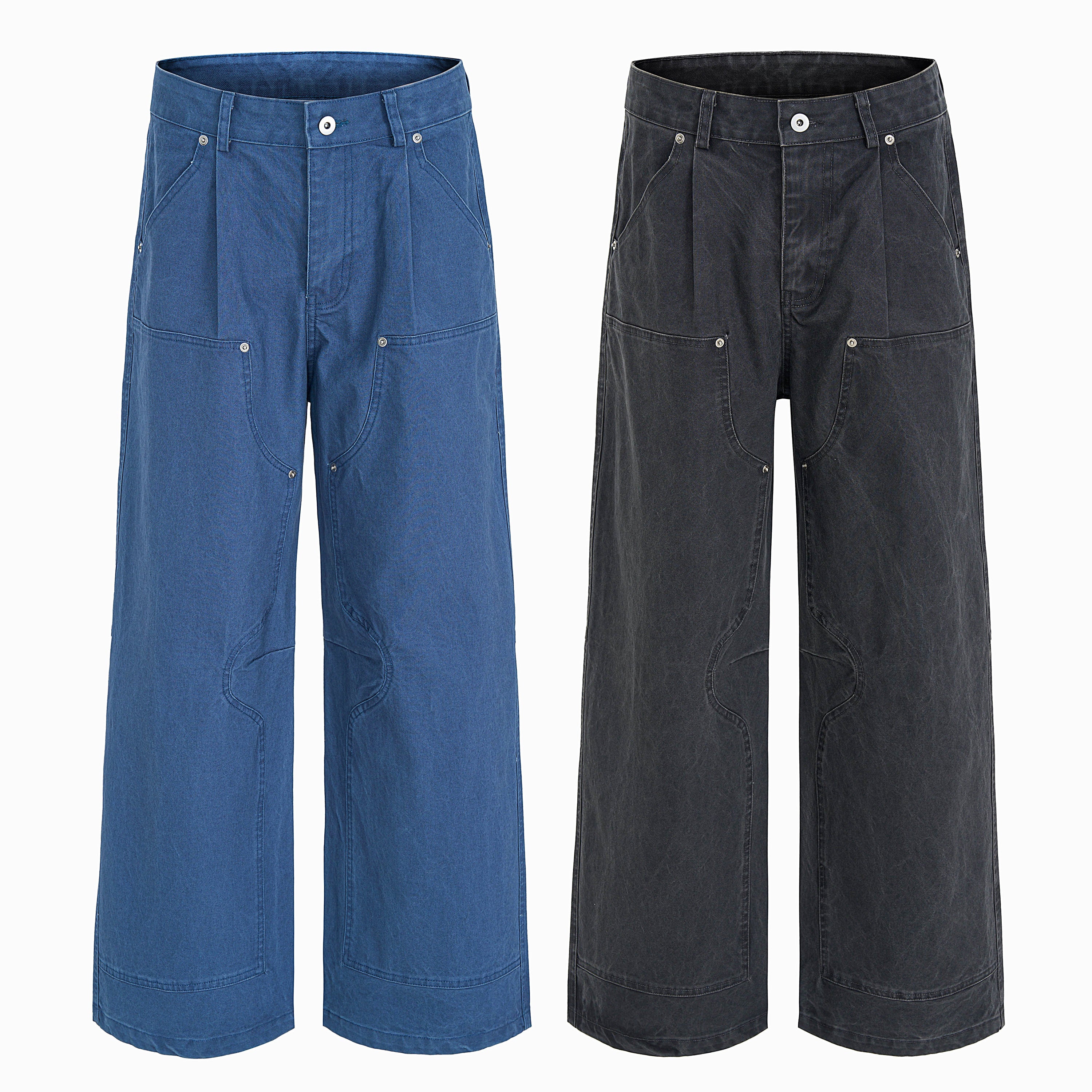 Omirad utility wide-leg denim pants in indigo blue and washed charcoal grey, shown side by side on white background
