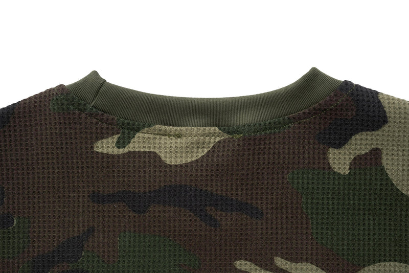 Close-up of ribbed crew neckline on camo long sleeve sweatshirt