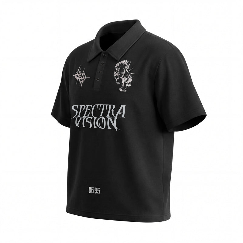 Black graphic polo tee with Spectra Vision print, abstract chest artwork, and relaxed streetwear style
