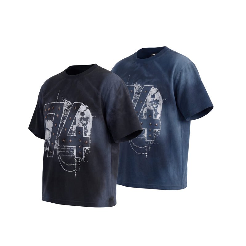 Two distressed graphic tees in black and navy with oversized 74 print, star accents, and vintage wash streetwear style