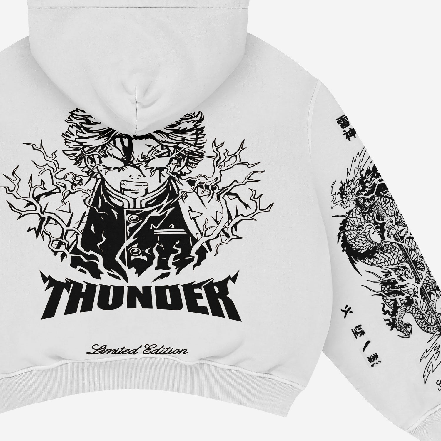 The Zenitsu Agatsuma-Inspired &quot;Thunder God&quot; hoodie by Demon Slayer offers anime streetwear flair with a bold graphic of a lightning-clad figure, the word &quot;THUNDER,&quot; intricate dragon details and symbols on the sleeve, and &quot;Limited Edition&quot; at the bottom—ideal for fans.