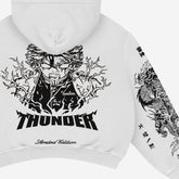 The Zenitsu Agatsuma-Inspired "Thunder God" hoodie by Demon Slayer offers anime streetwear flair with a bold graphic of a lightning-clad figure, the word "THUNDER," intricate dragon details and symbols on the sleeve, and "Limited Edition" at the bottom—ideal for fans.