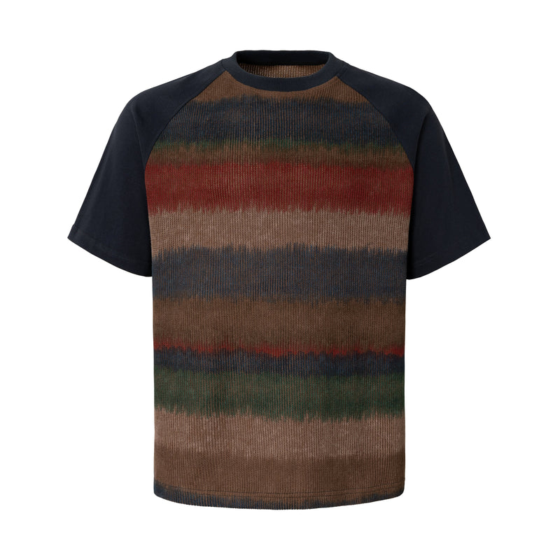 Gradient stripe raglan T-shirt with black contrast sleeves and crewneck collar on white background