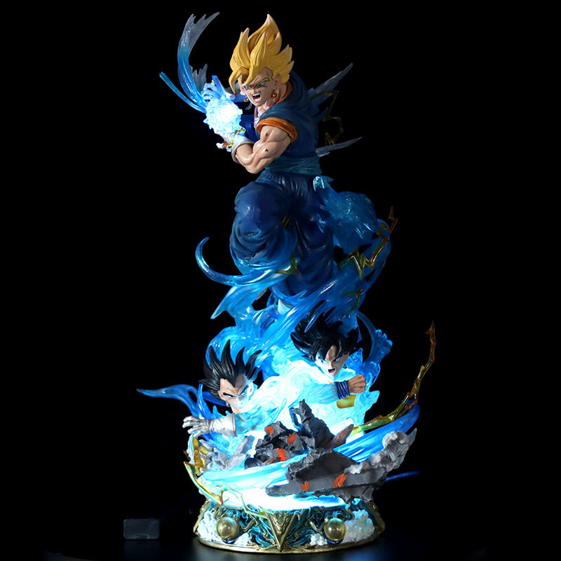 The Seakoff Goku Transformations Collectible Figure from Dragon Ball Super features dynamic spiky blond hair, blue energy effects, and interchangeable heads. This vibrant 46cm scene showcases various Goku forms above two smaller combat figures against a dark backdrop with glowing effects.