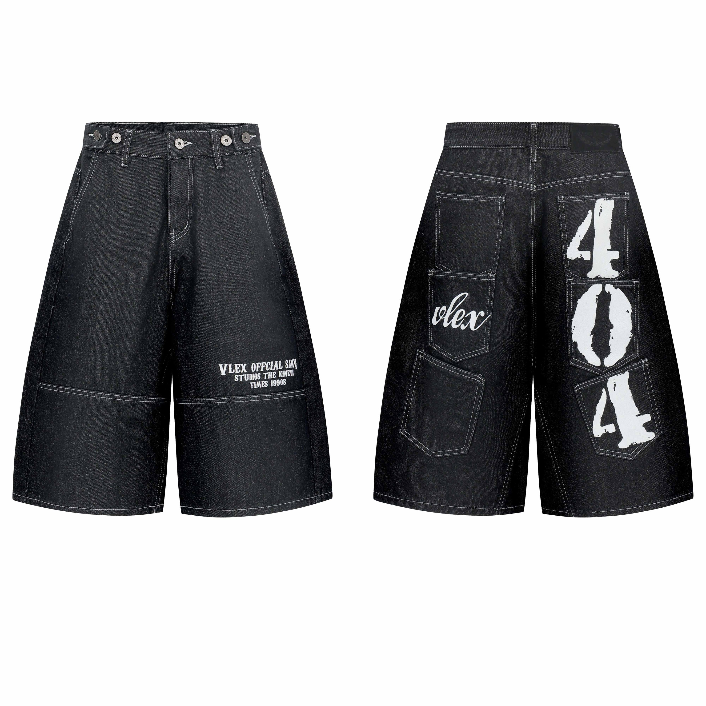 Front and back view of black oversized denim shorts with 404 graphic print and utility patch pockets