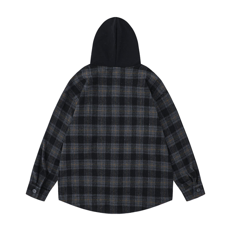 Back view of black and charcoal plaid hooded flannel overshirt with contrast black hood