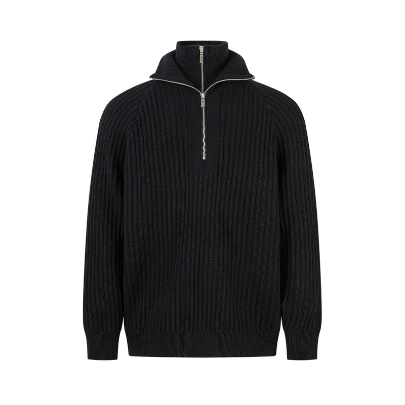 Front view of black ribbed knit sweater with half-zip collar and long sleeves