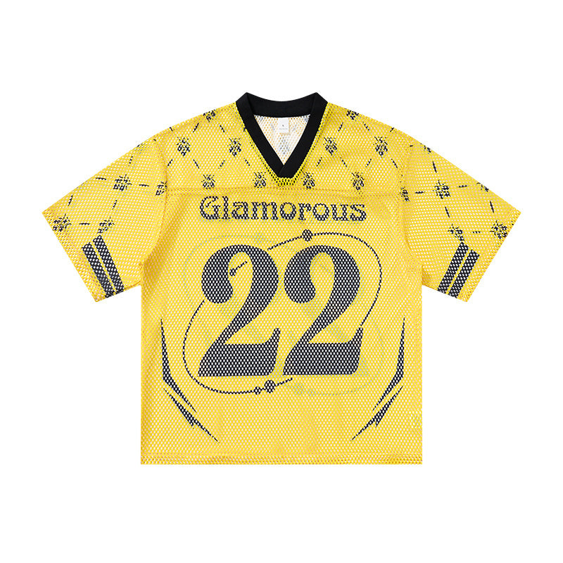 Yellow Omirad Glamorous 22 mesh jersey t-shirt with navy number graphic and all-over micro pattern, front view