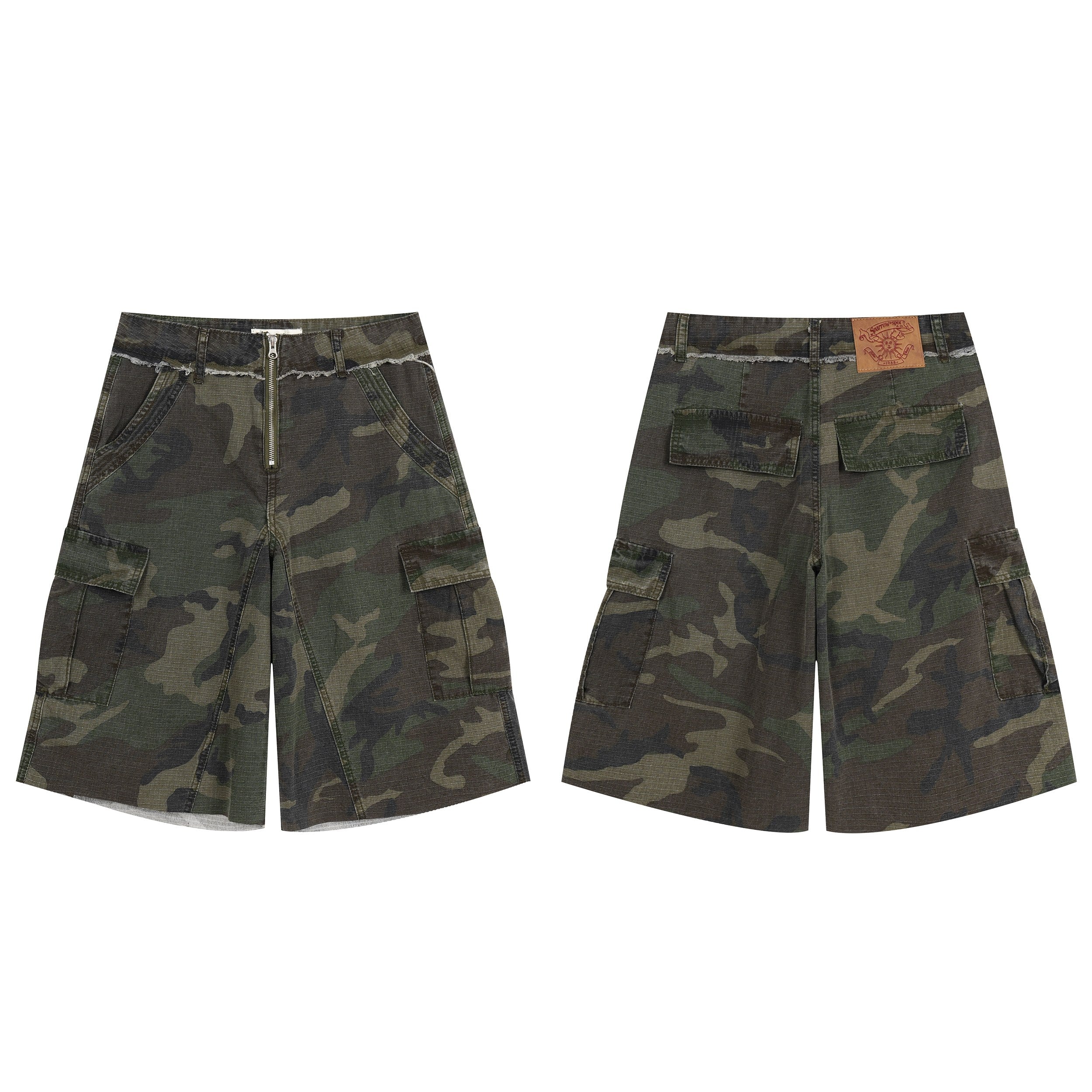 Front and back view of oversized woodland camouflage cargo shorts with front zip, flap pockets, and raw-edge waistband