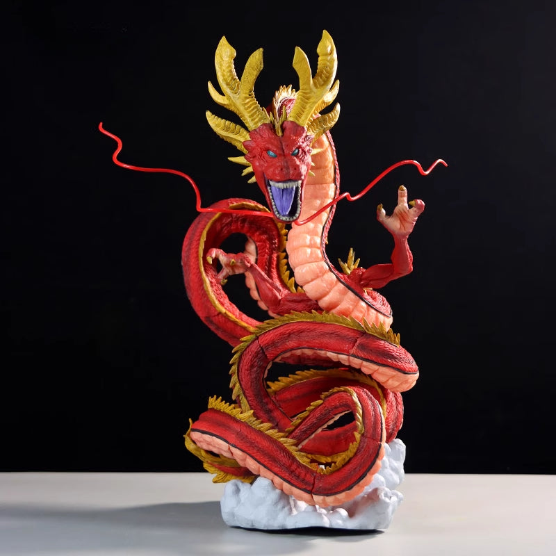 The Seakoff Red Shenron Collectible Figure – Dragon Ball Z features a 30cm, highly detailed dragon statue with red scales, yellow accents, antler-like horns, an open mouth, and extended tongue. It majestically poses on a white base against a black background.