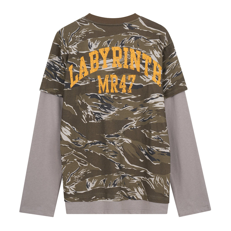 Olive camo layered long sleeve tee with orange LABYRINTH graphic and gray sleeves, front view