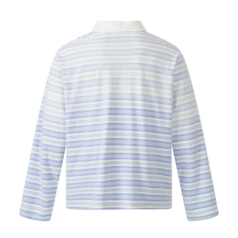 Back view of light blue and white striped long sleeve polo shirt with white collar