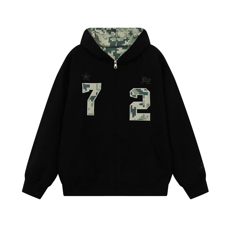 Black zip-up hoodie with camouflage lining and large camo 7 and 2, front view