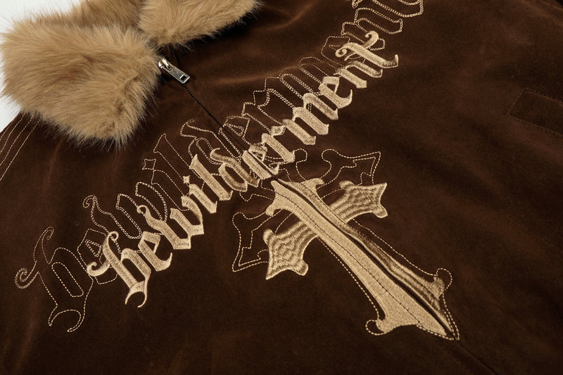 Gothic Cross Embroidered Faux Fur Collar Bomber Jacket