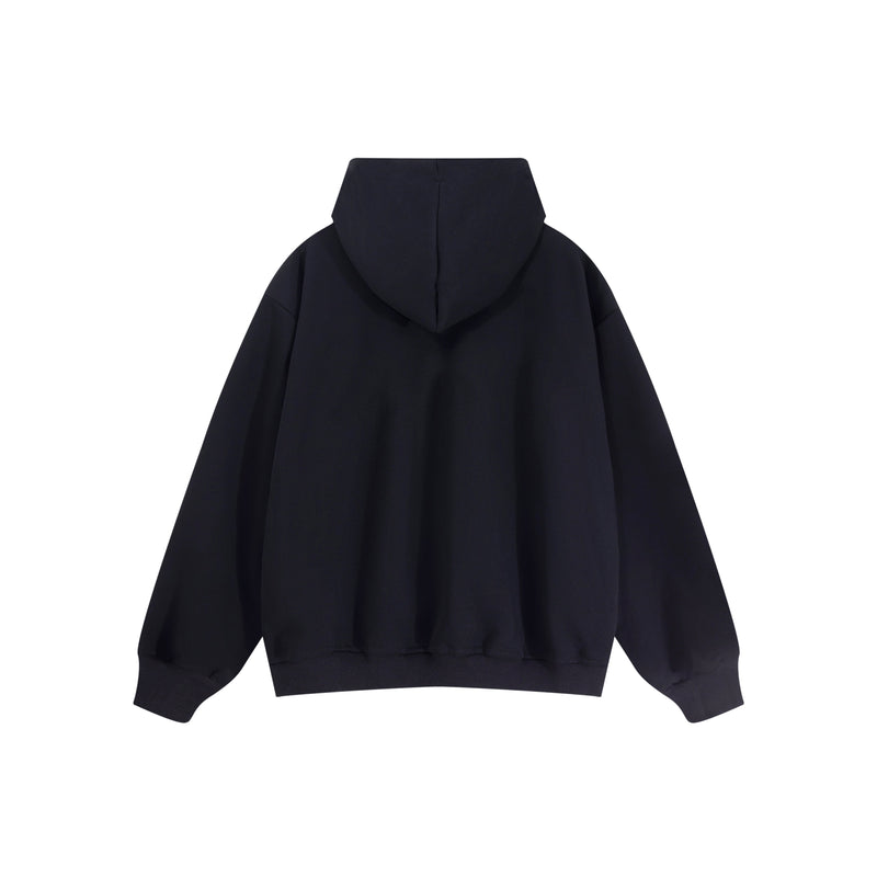 Black oversized zip hoodie shown from the back, with a wide hood and relaxed sleeves