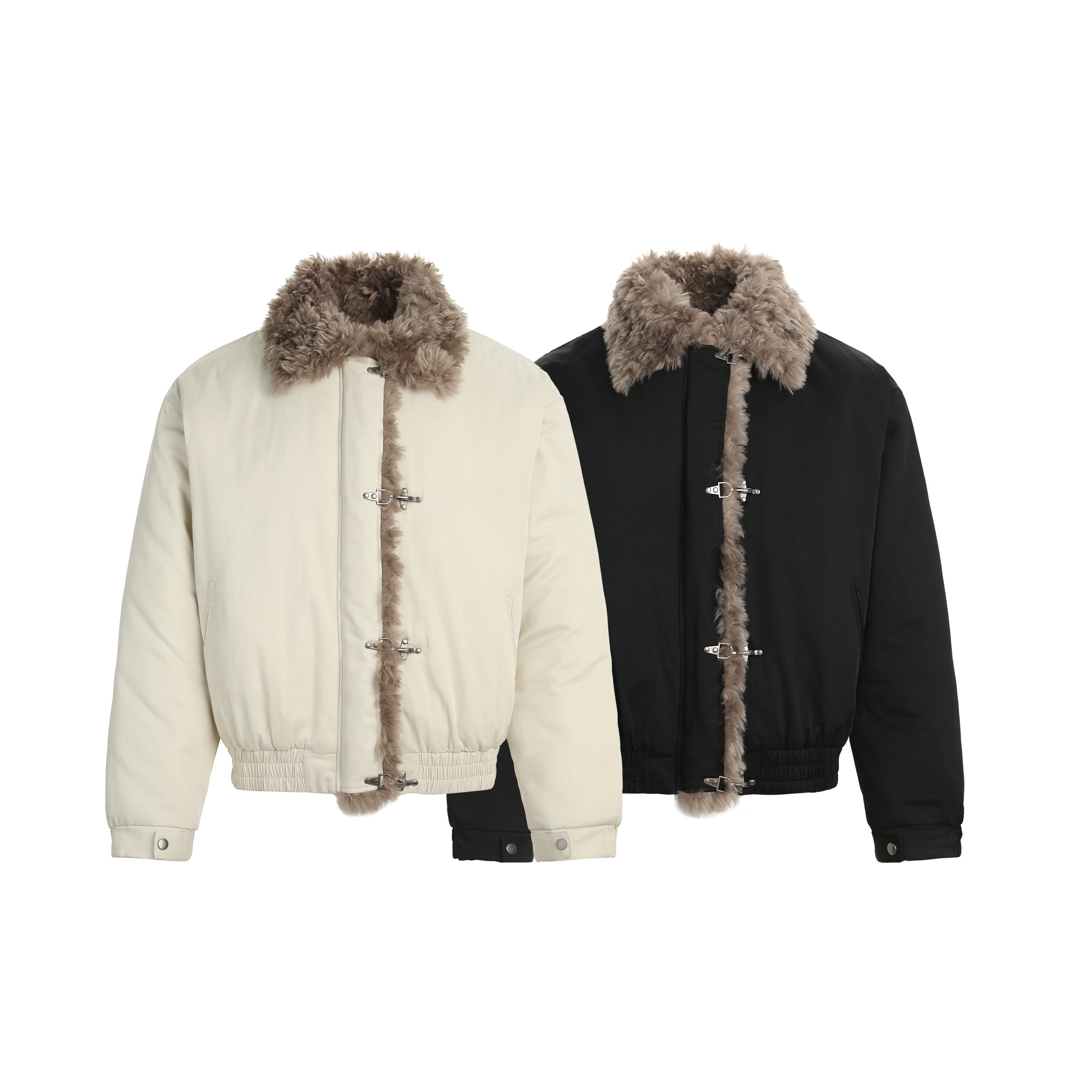 Cream off-white padded bomber jacket with brown faux-fur collar and front trim, metal hook fastenings, cropped fit on white b