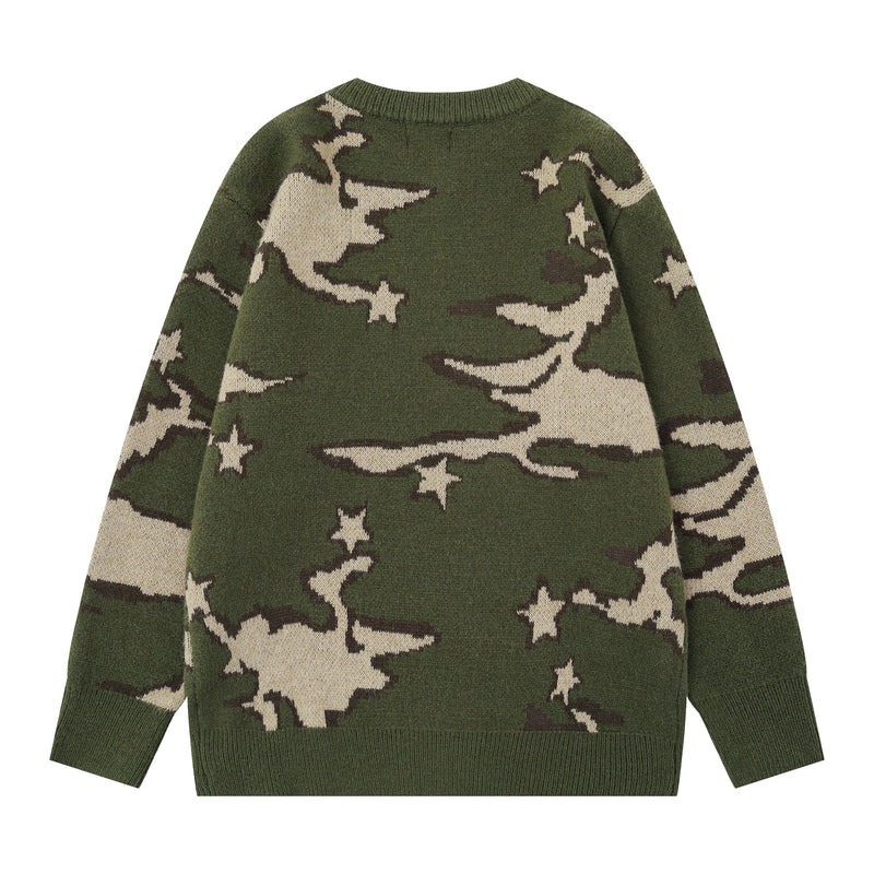 Green camouflage knit sweater shown from the back with cream and brown camo pattern