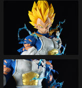 The Seakoff Vegeta Collectible Figure, 55cm tall, features Super Saiyan forms including spiky yellow hair and a serious expression. Clad in a blue and white battle suit with yellow accents and surrounded by dynamic blue lightning effects, it&