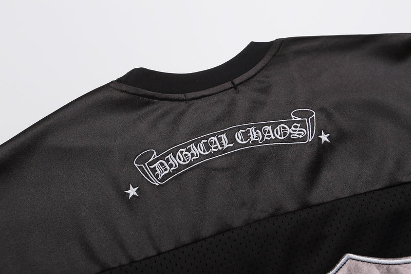 Black mesh football jersey with Gothic Chaos embroidery and star accents on the chest