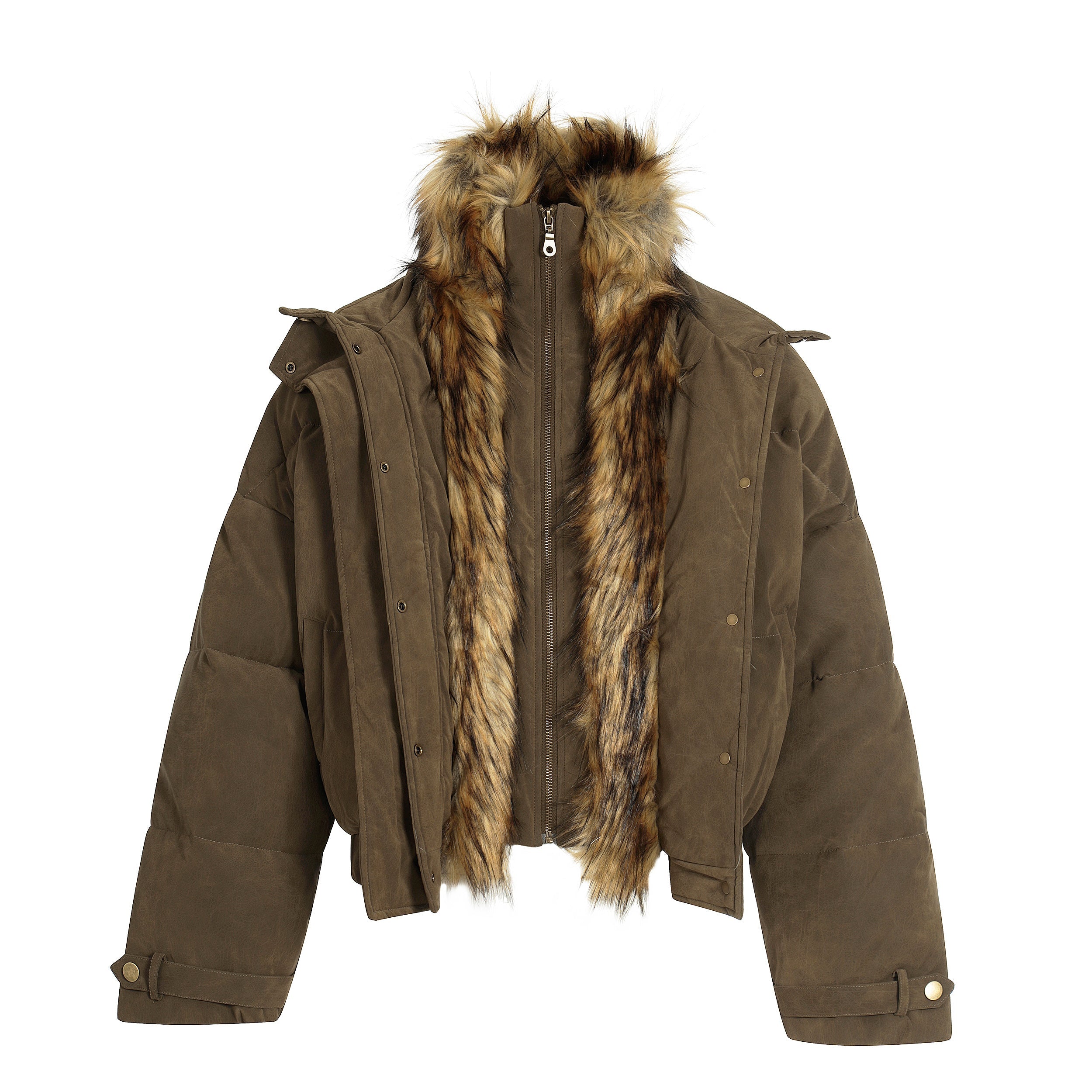 Detachable Faux Fur Collar PU Puffer Jacket | Cropped