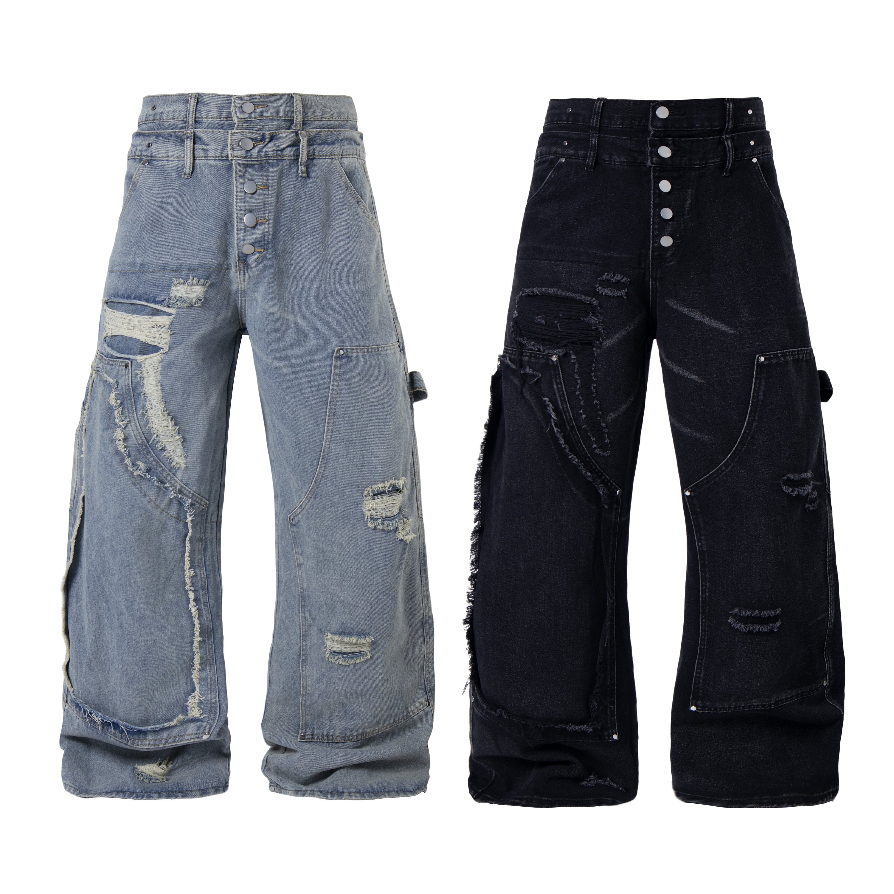 Omirad distressed panel wide-leg denim jeans in washed light blue and washed black, front view, shown side by side