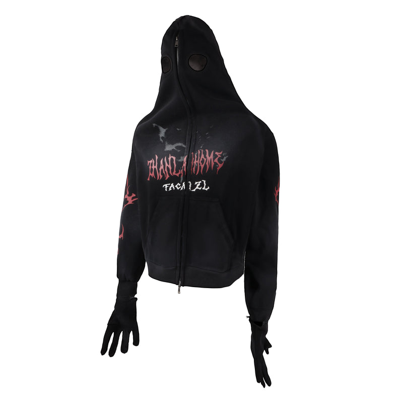 Black full-zip masked hoodie front view with red gothic print and glove cuffs