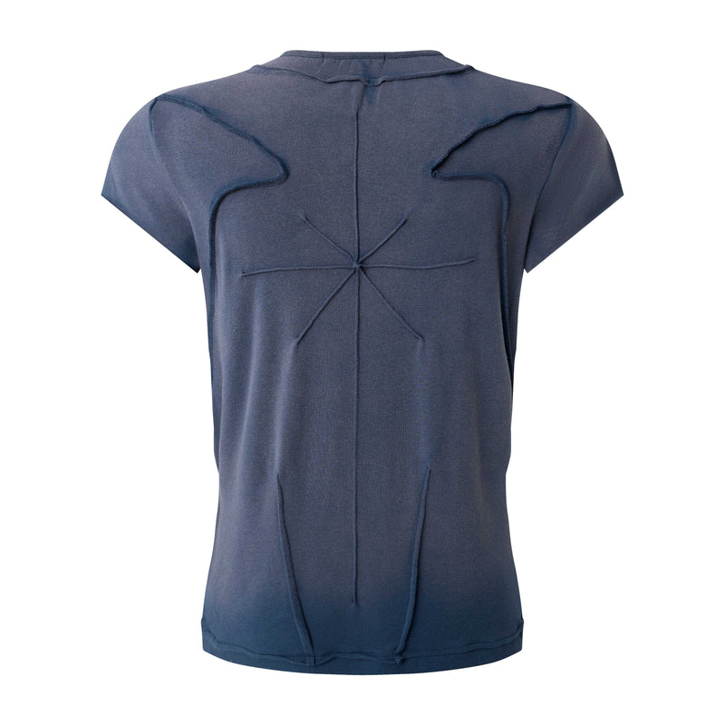 Dark blue sculpted cotton tee with raw seam paneling and an avant-garde curved back design
