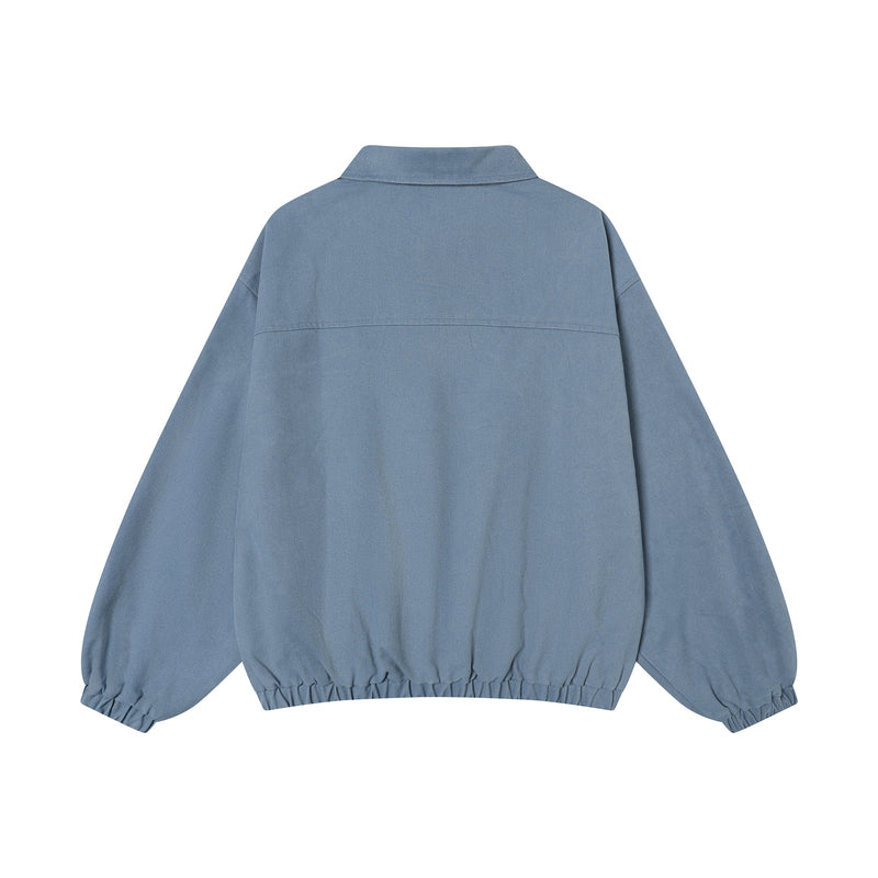 Blue pullover sweatshirt back view with collar and elastic hem