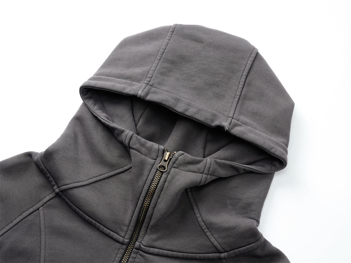 Curved-Seam Full-Zip Hoodie | Washed Cotton Streetwear