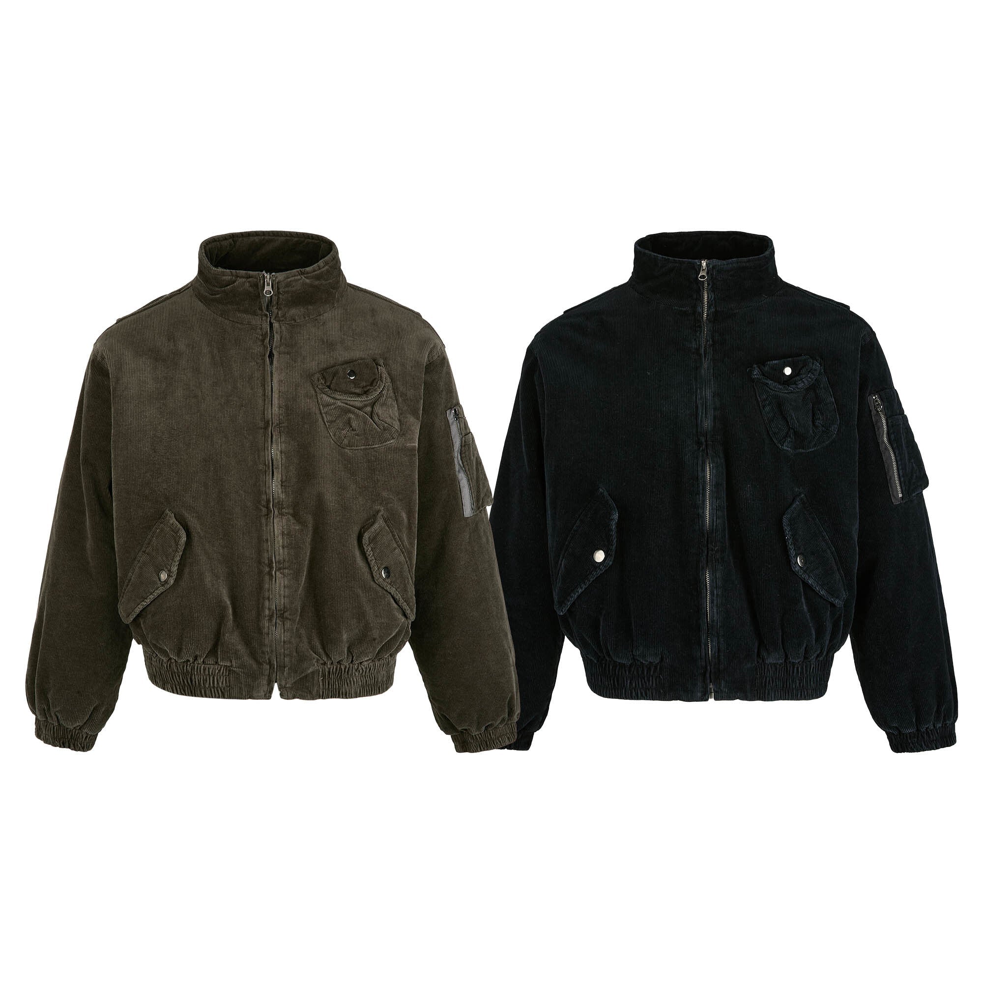 Omirad corduroy utility bomber jacket in olive and black, shown front view with stand collar and snap flap pockets